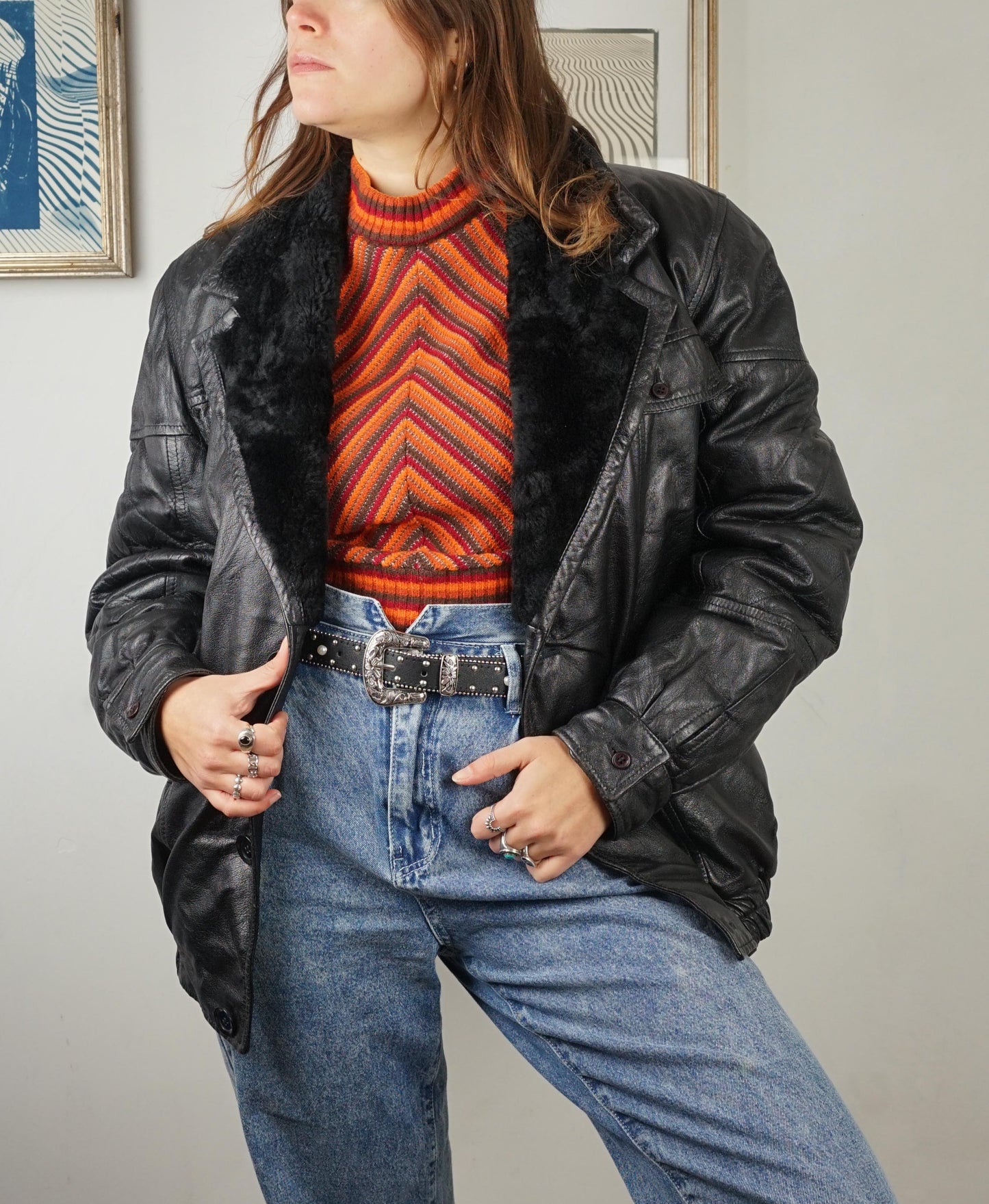 Giacca vintage in pelle con collo montone anni '80