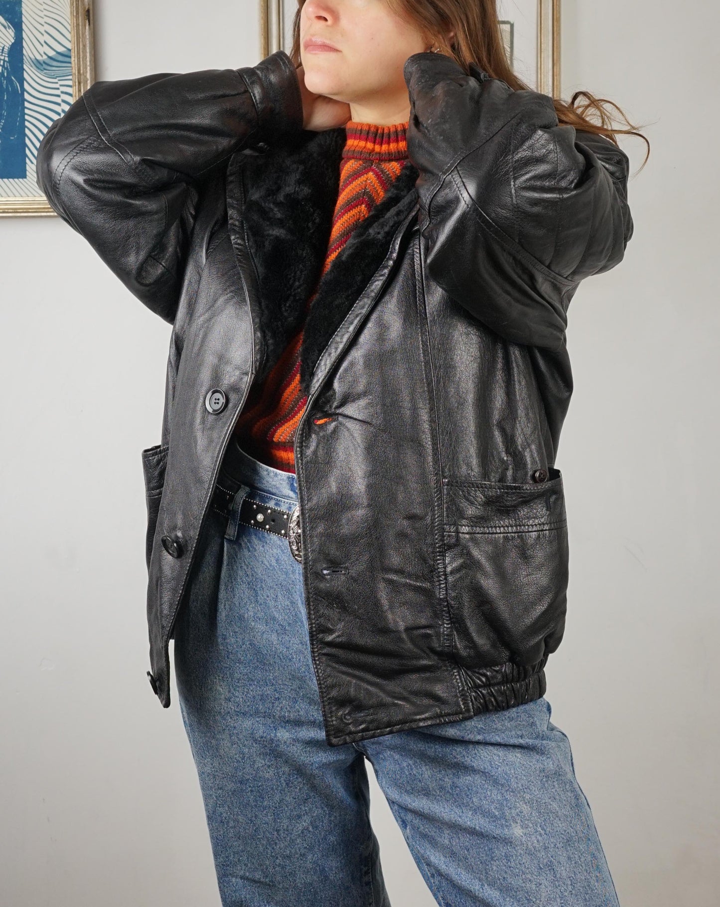 Giacca vintage in pelle con collo montone anni '80