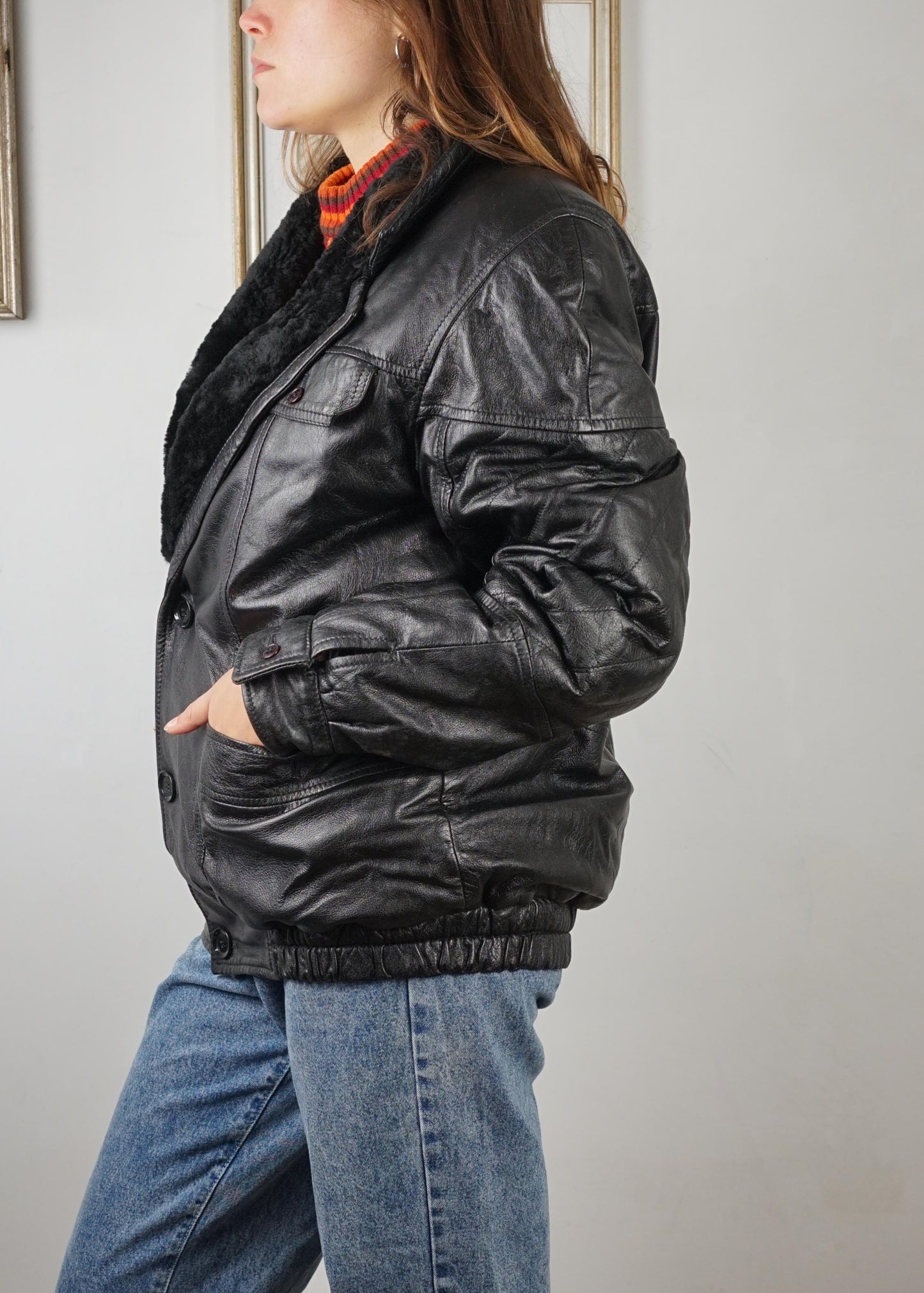 Giacca vintage in pelle con collo montone anni '80