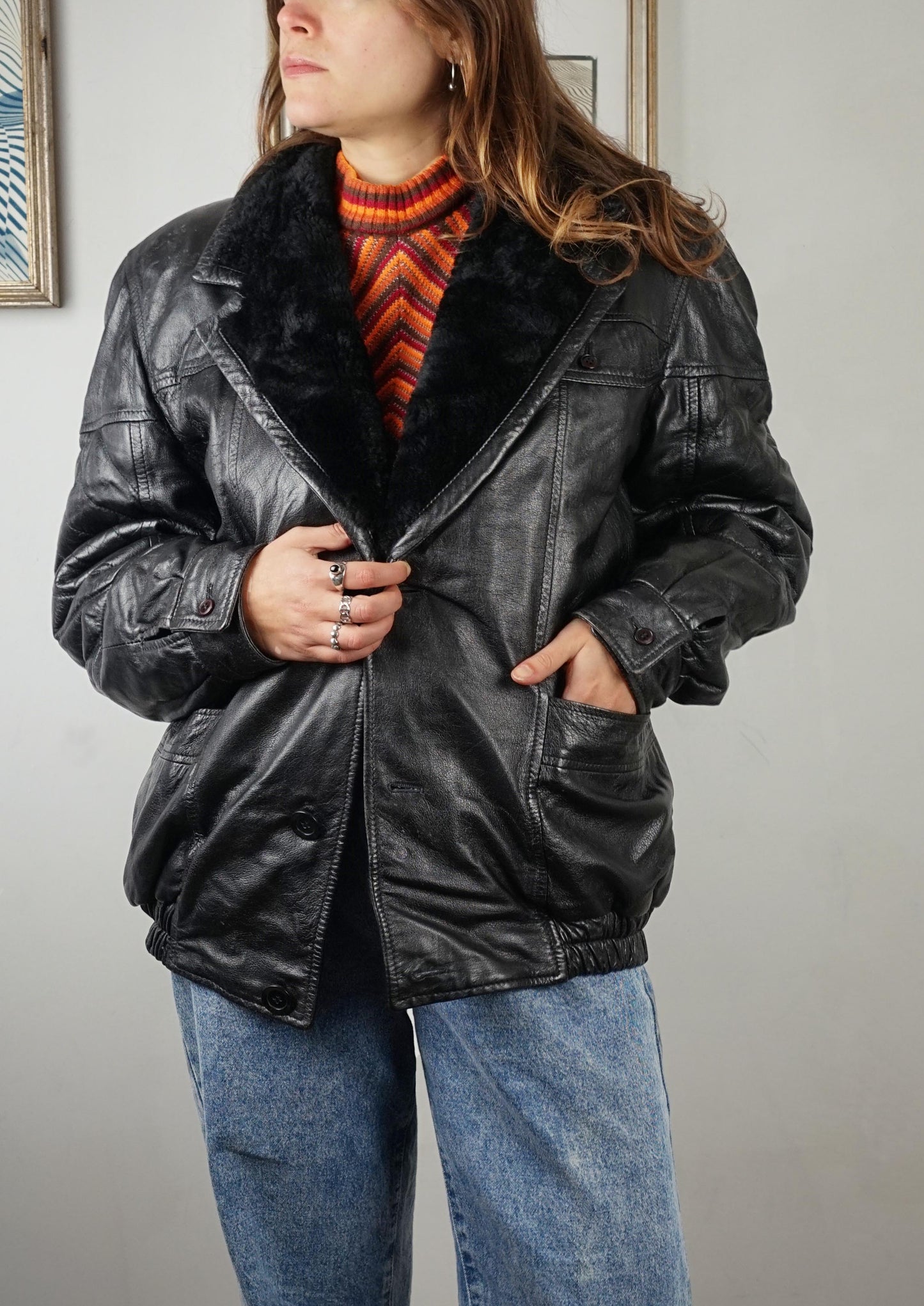 Giacca vintage in pelle con collo montone anni '80