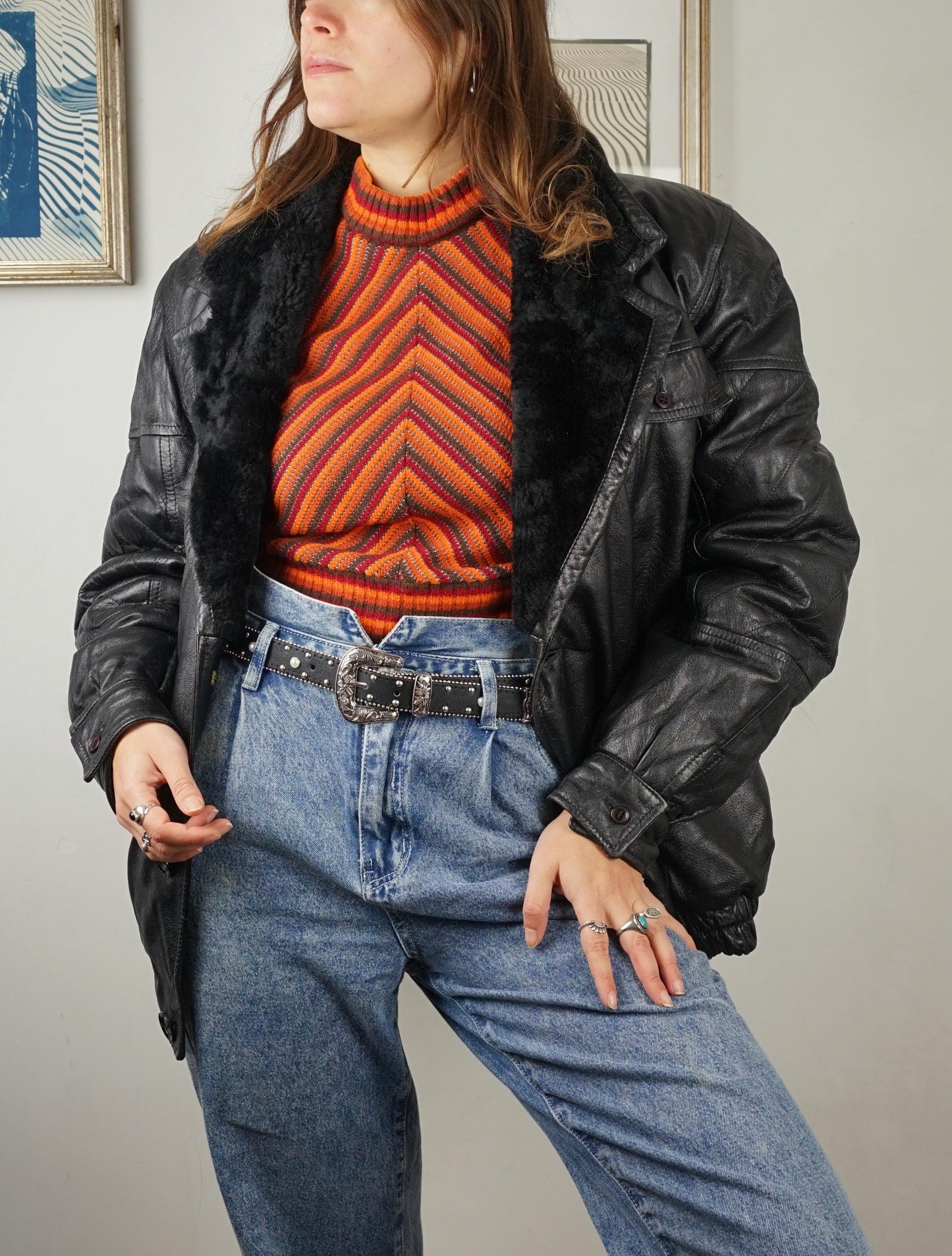 Giacca vintage in pelle con collo montone anni '80