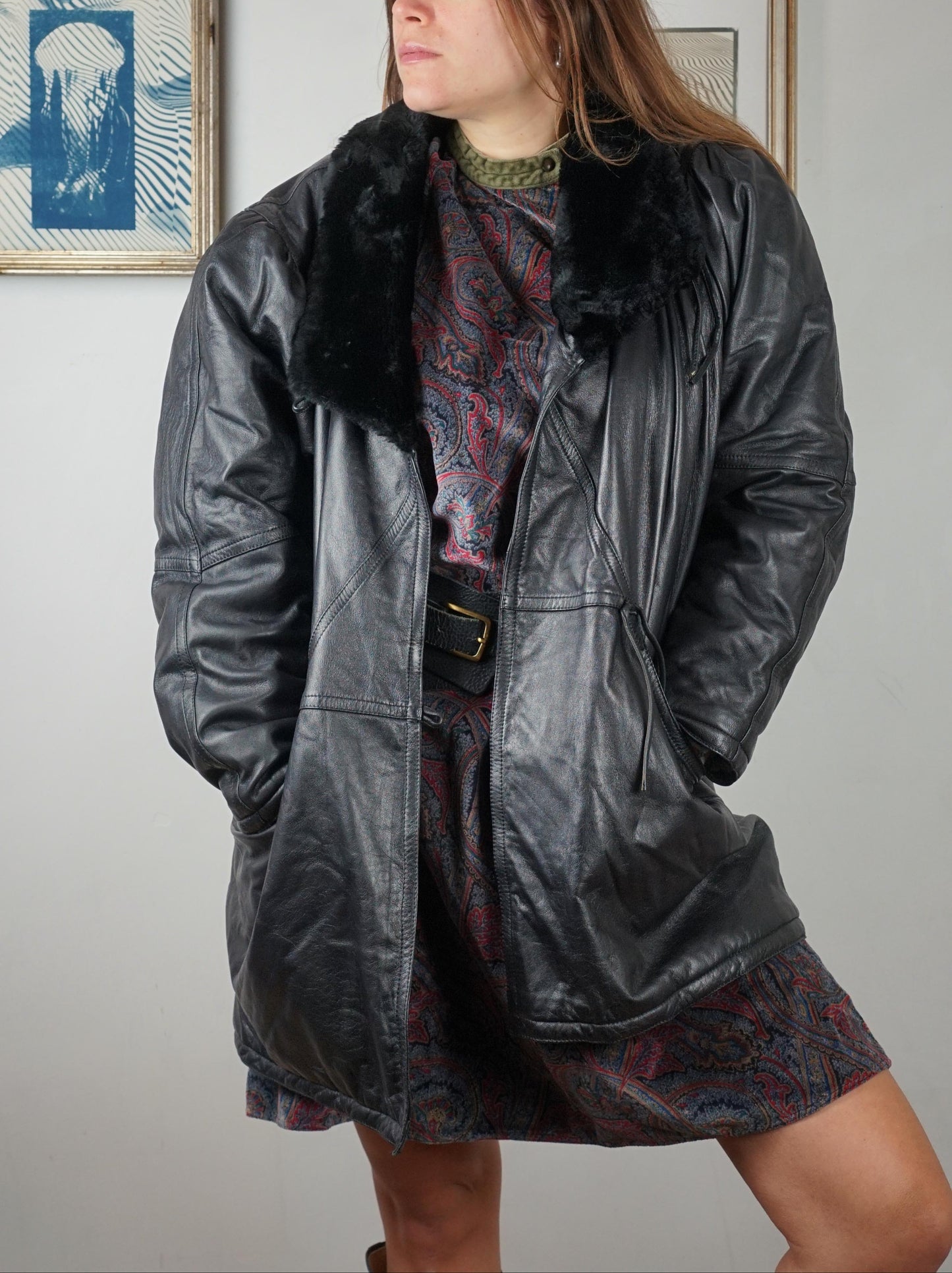 Giacca in pelle e pelliccia sintetica anni '80