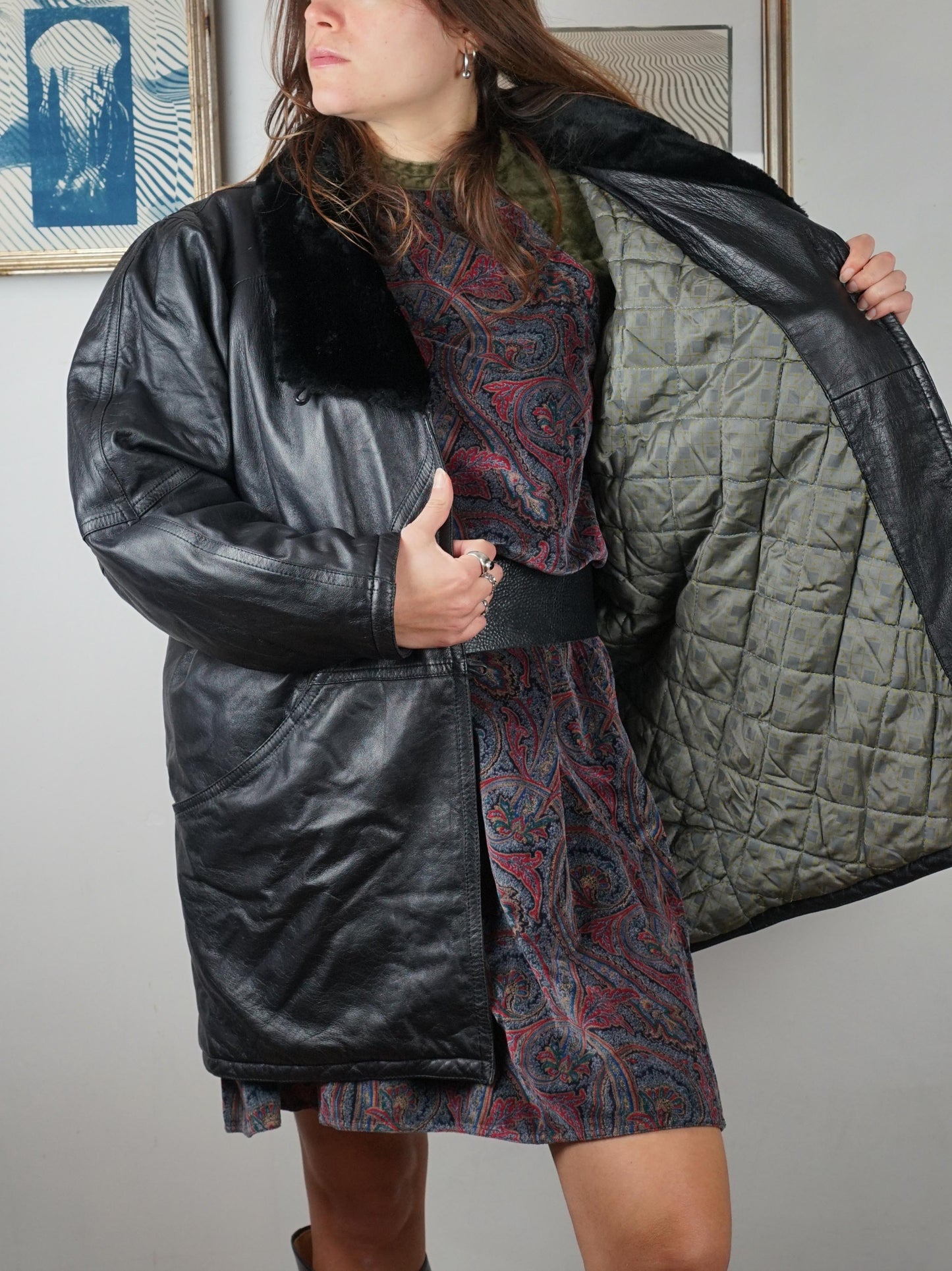 Giacca in pelle e pelliccia sintetica anni '80