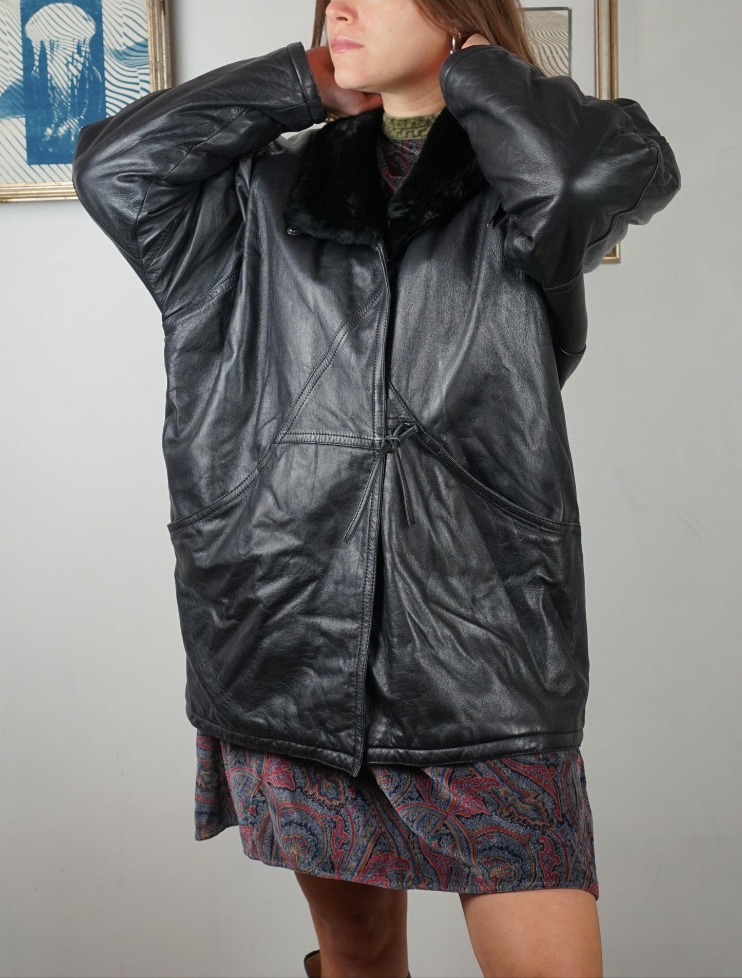 Giacca in pelle e pelliccia sintetica anni '80