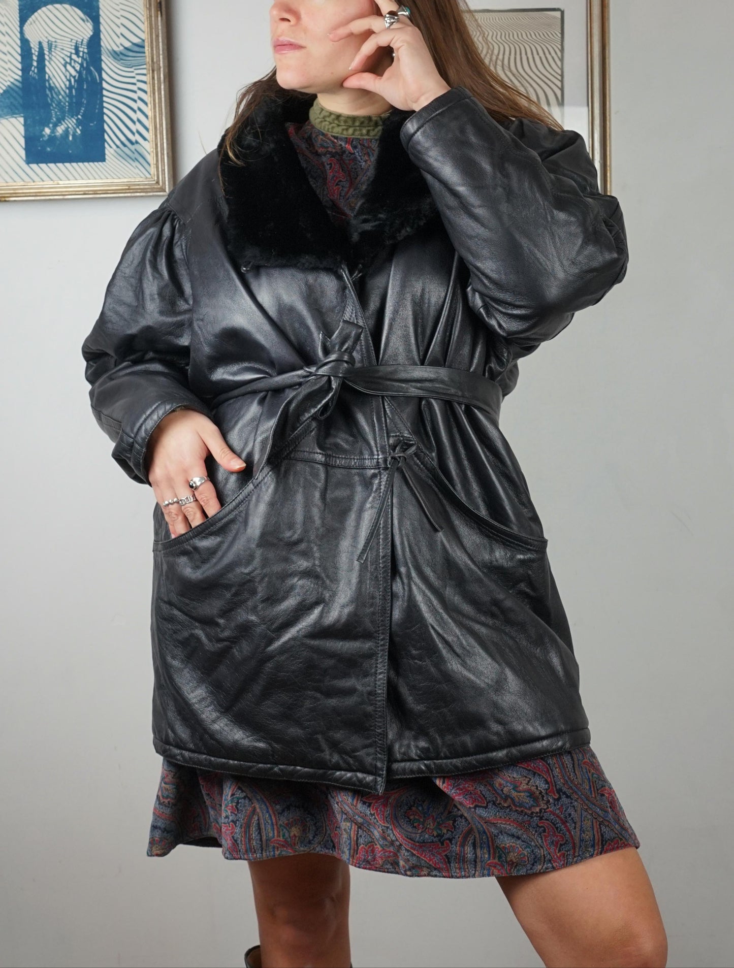 Giacca in pelle e pelliccia sintetica anni '80