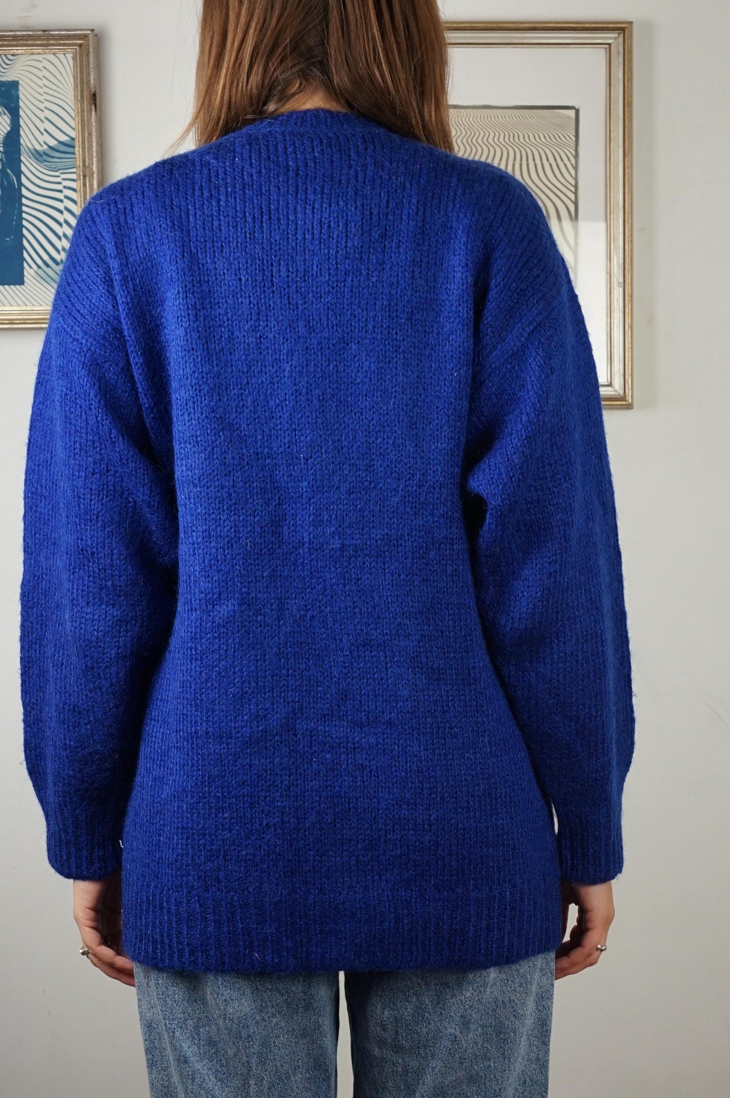 Cardigan lana blu elettrico con ricami