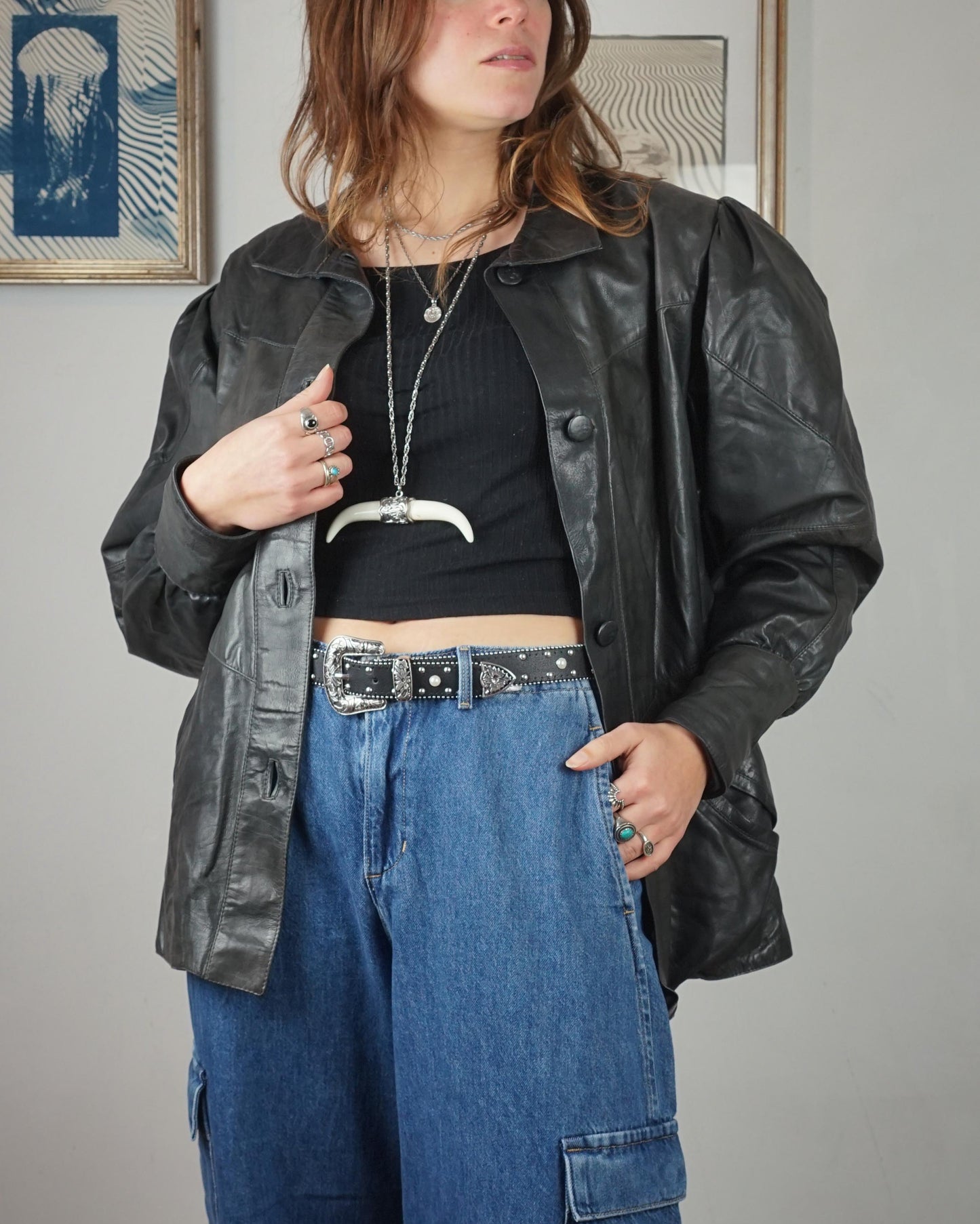 Giacca in pelle anni '80 maniche a sbuffo