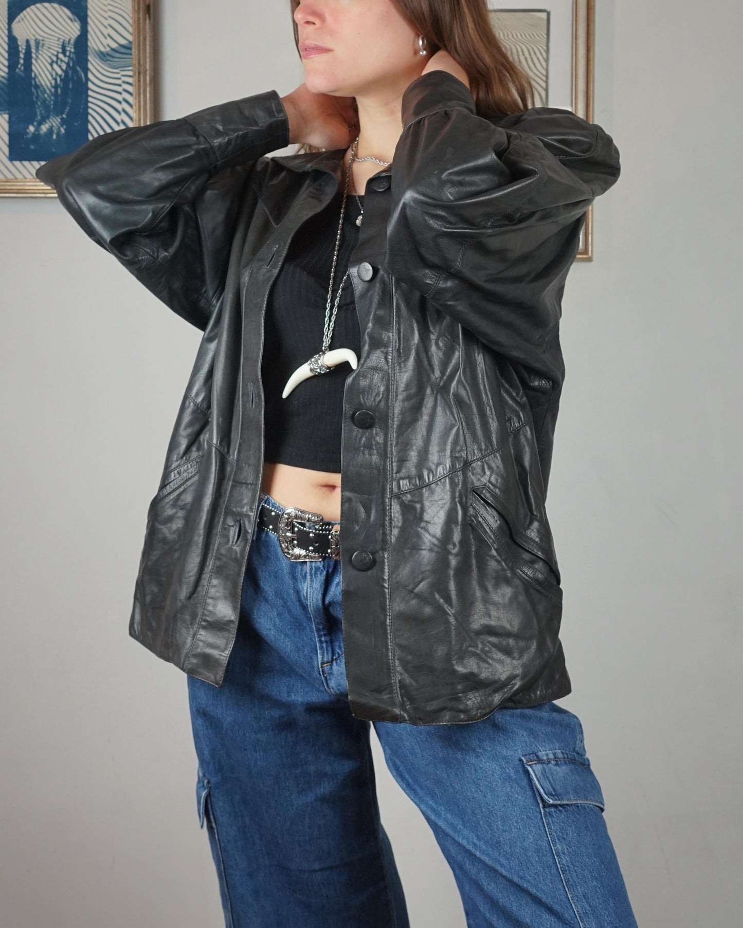 Giacca in pelle anni '80 maniche a sbuffo