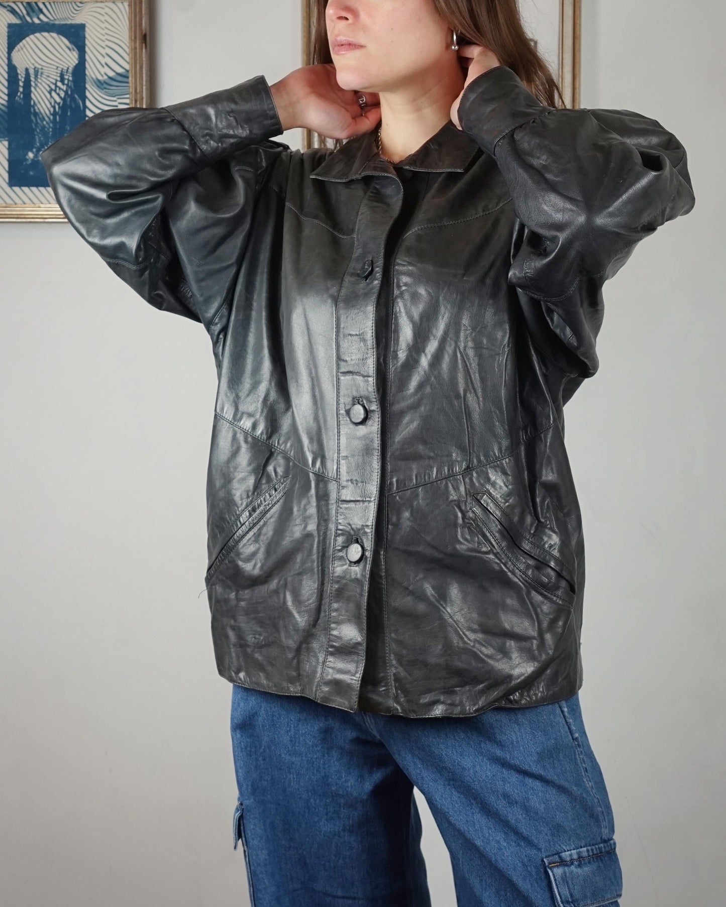 Giacca in pelle anni '80 maniche a sbuffo