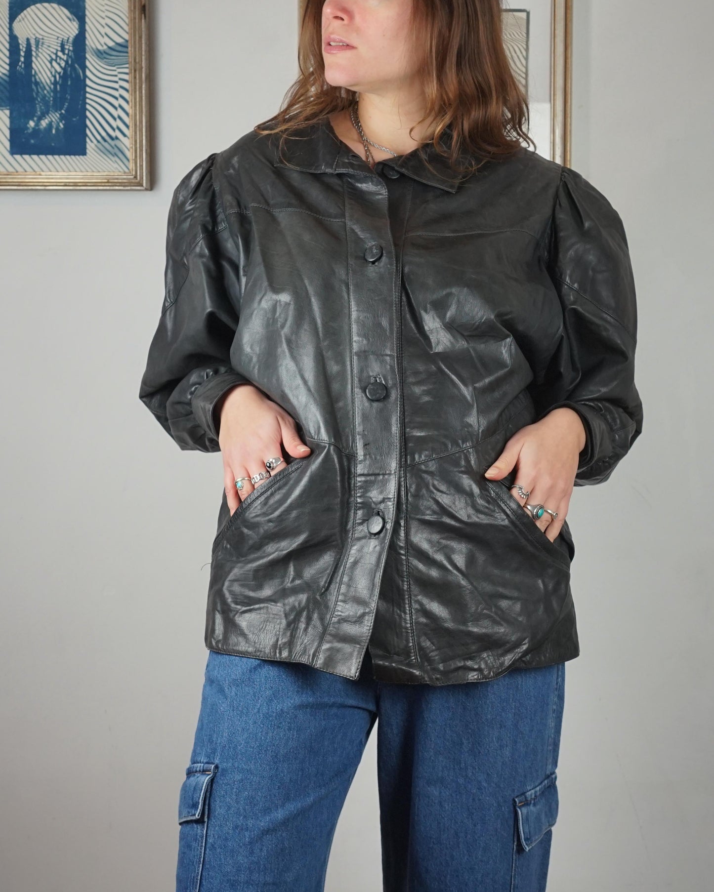 Giacca in pelle anni '80 maniche a sbuffo