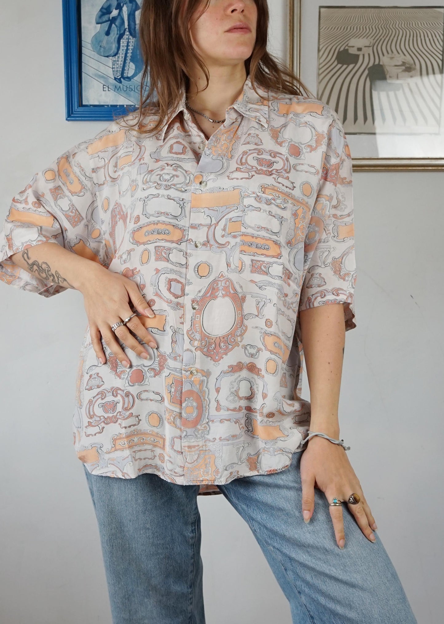 Camicia con pattern cornici bianco e albicocca