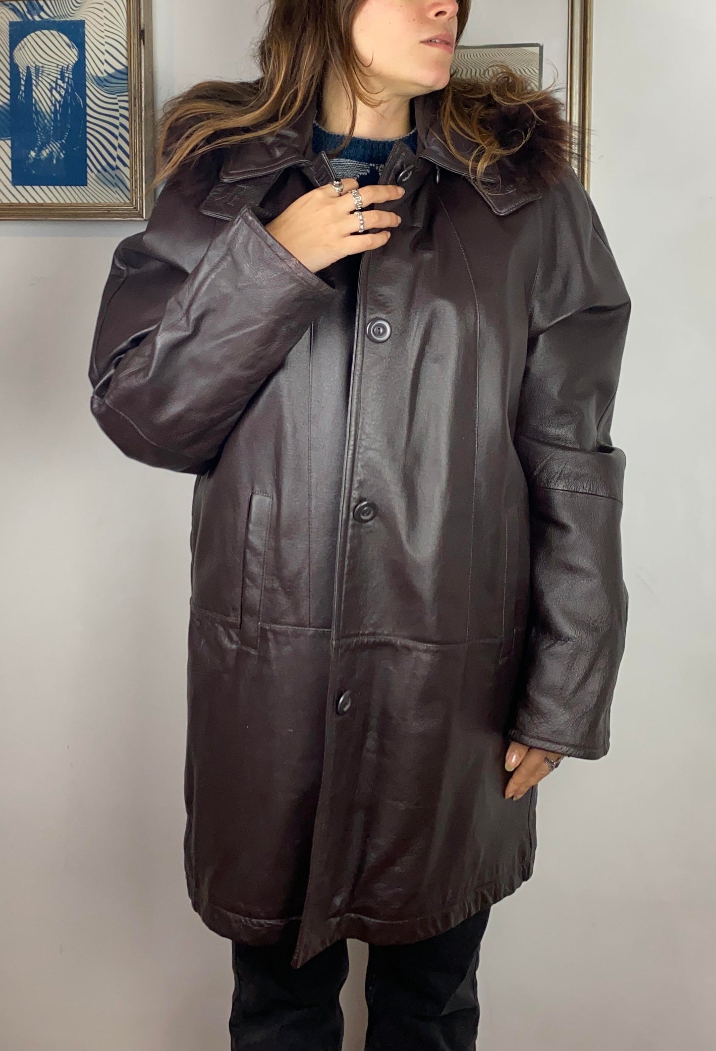 Cappotto vintage in vera pelle testa di moro