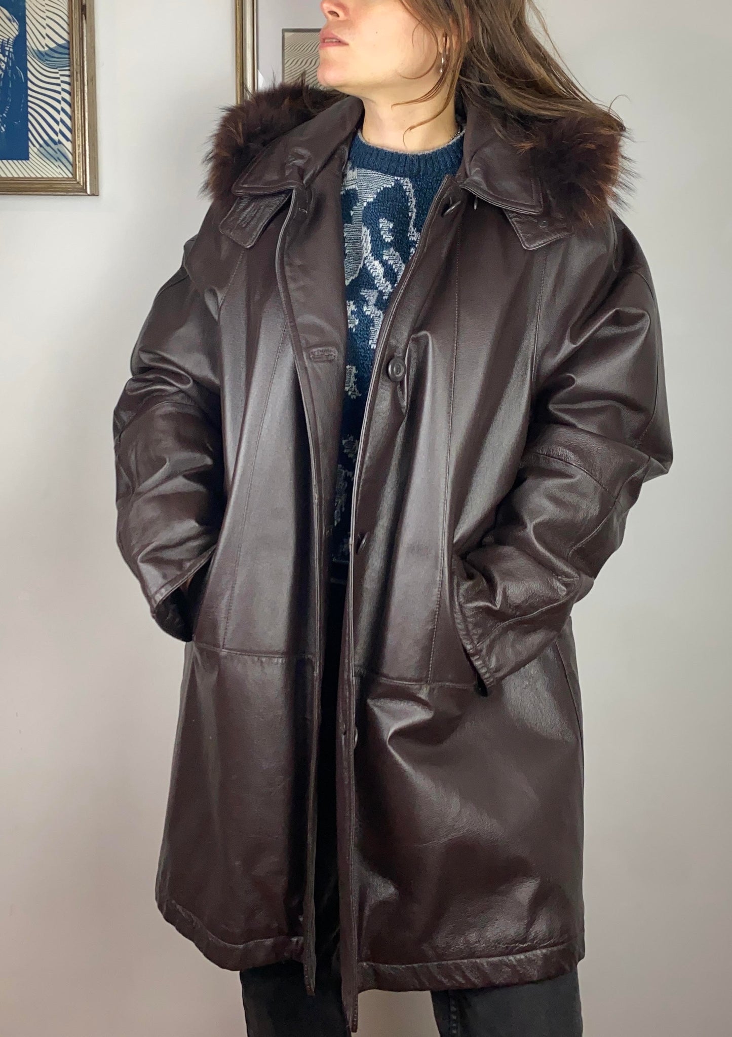 Cappotto vintage in vera pelle testa di moro