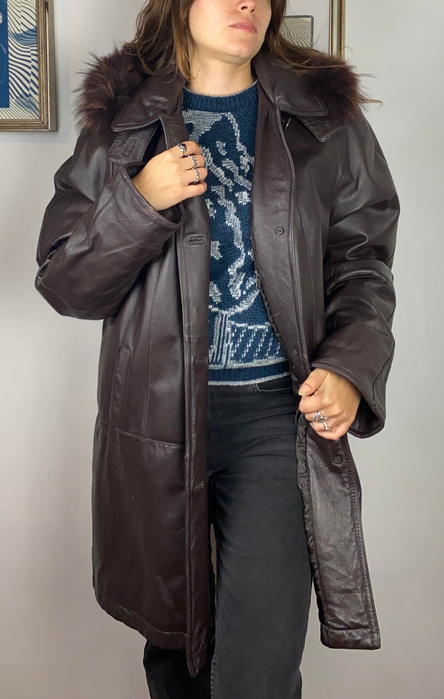 Cappotto vintage in vera pelle testa di moro