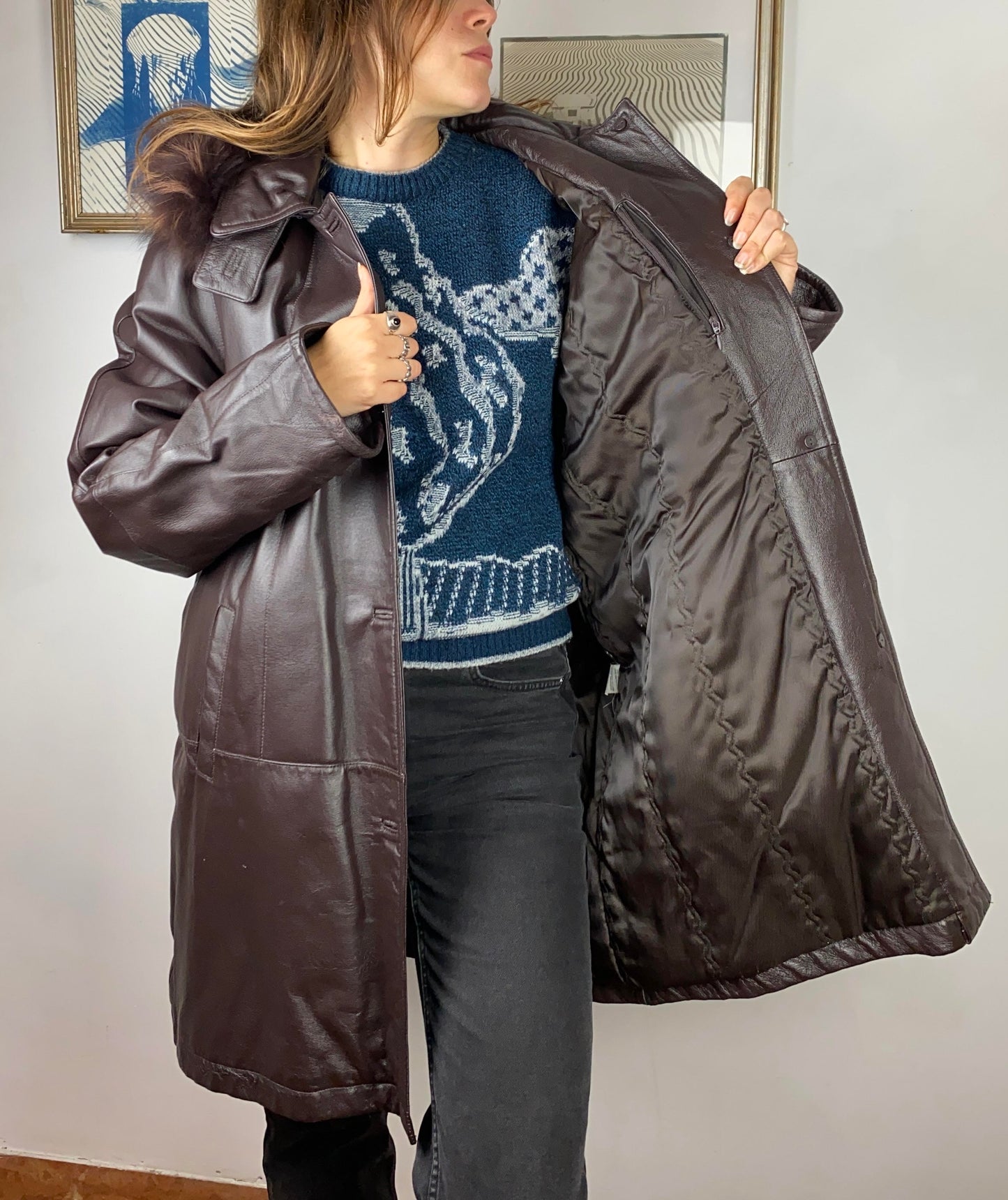 Cappotto vintage in vera pelle testa di moro