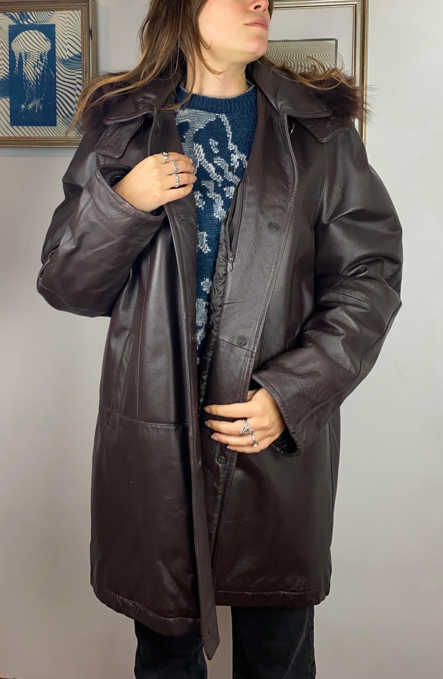 Cappotto vintage in vera pelle testa di moro