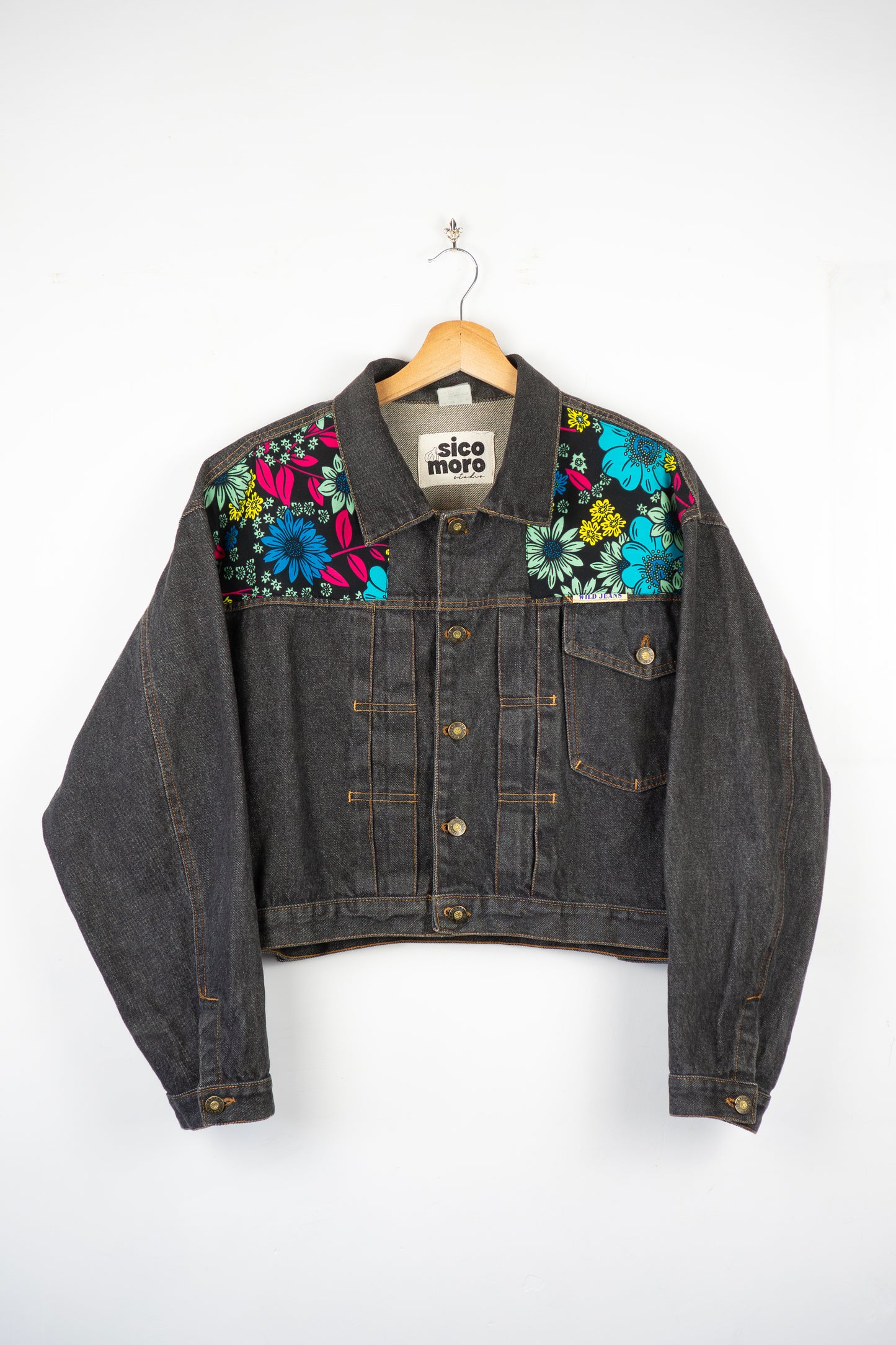 Custom Black Crop Denim Jacket -Midnight Bloom
