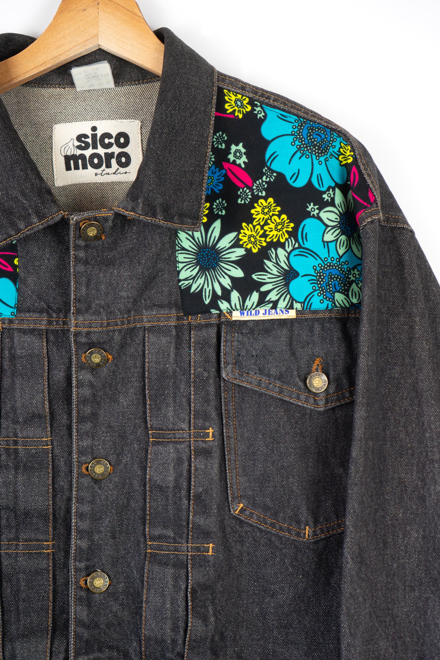 Custom Black Crop Denim Jacket -Midnight Bloom