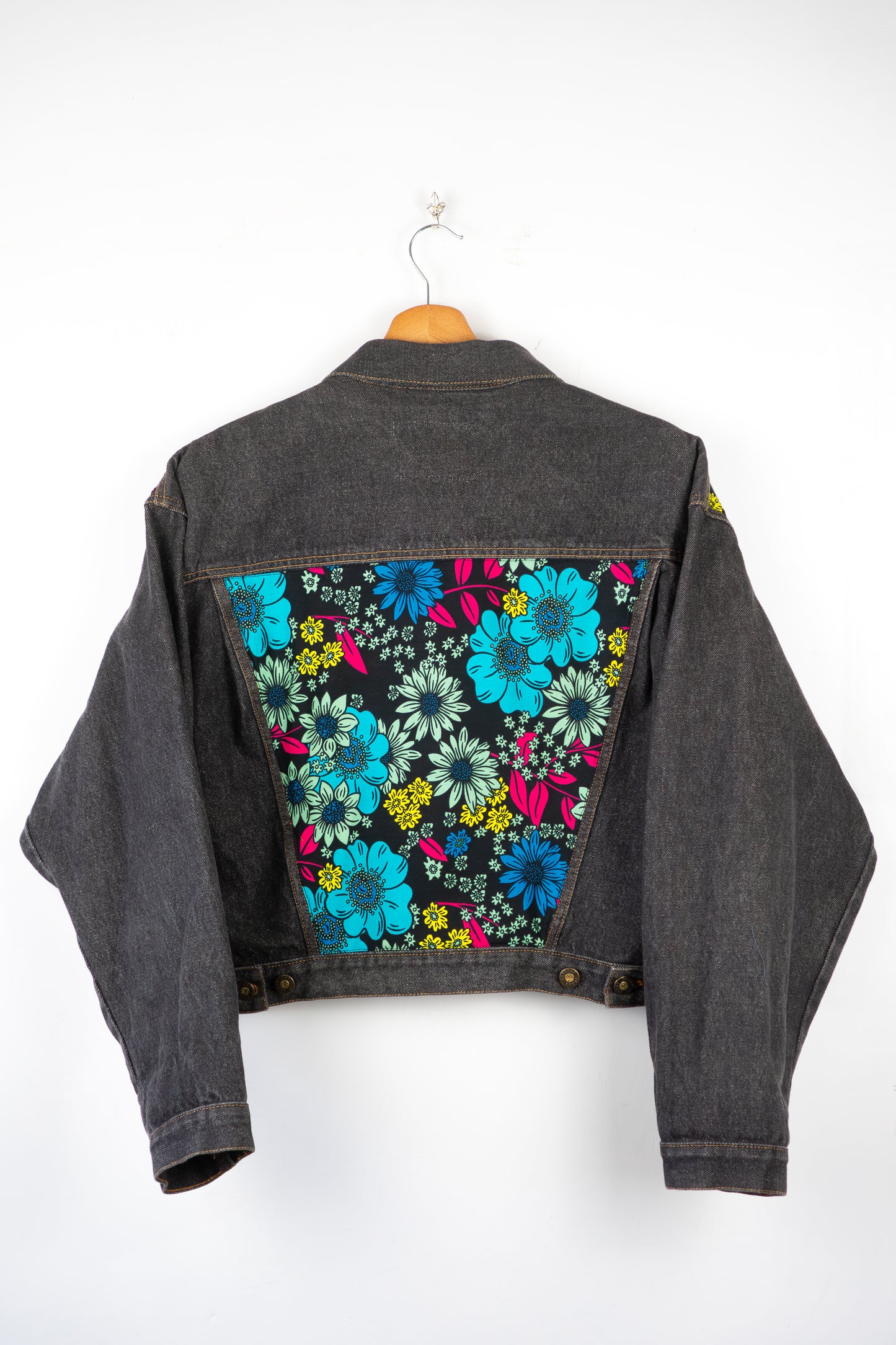 Custom Black Crop Denim Jacket -Midnight Bloom