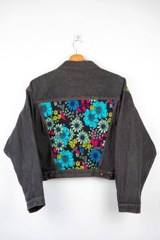 Custom Black Crop Denim Jacket -Midnight Bloom